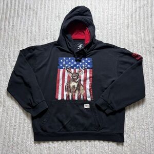 Buckhorn River Men's Black Fleece Hoodie Deer Flag Graphic Print Size L